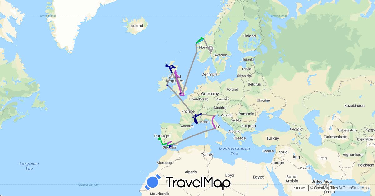 TravelMap itinerary: driving, bus, plane, train, boat in Spain, France, United Kingdom, Gibraltar, Ireland, Italy, Norway, Portugal (Europe)